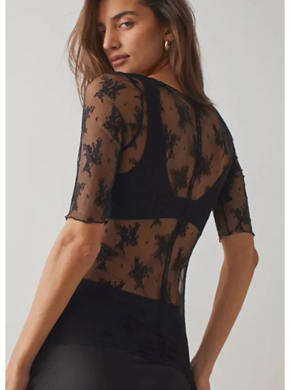 Free People Layered In Luxe Lace Sheer Tee Ivory Evening Cream Large